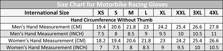 MotorBike Gloves Size Chart